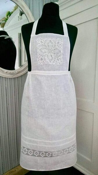 Crocheted white linen apron